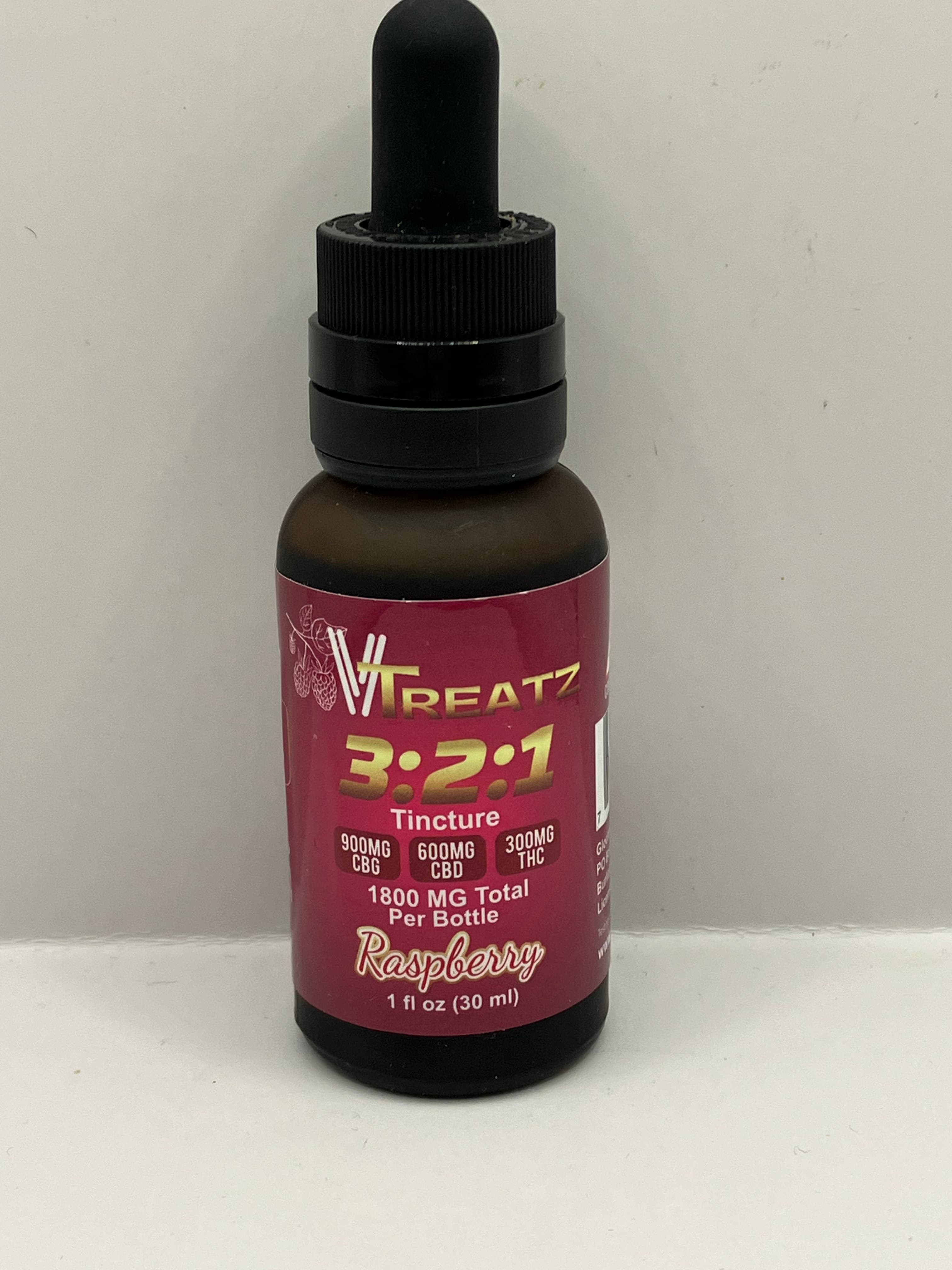 VTreatz 300mg Tincture | Raspberry 3:2:1 CBG:CBD:THC Tincture | VTreatz