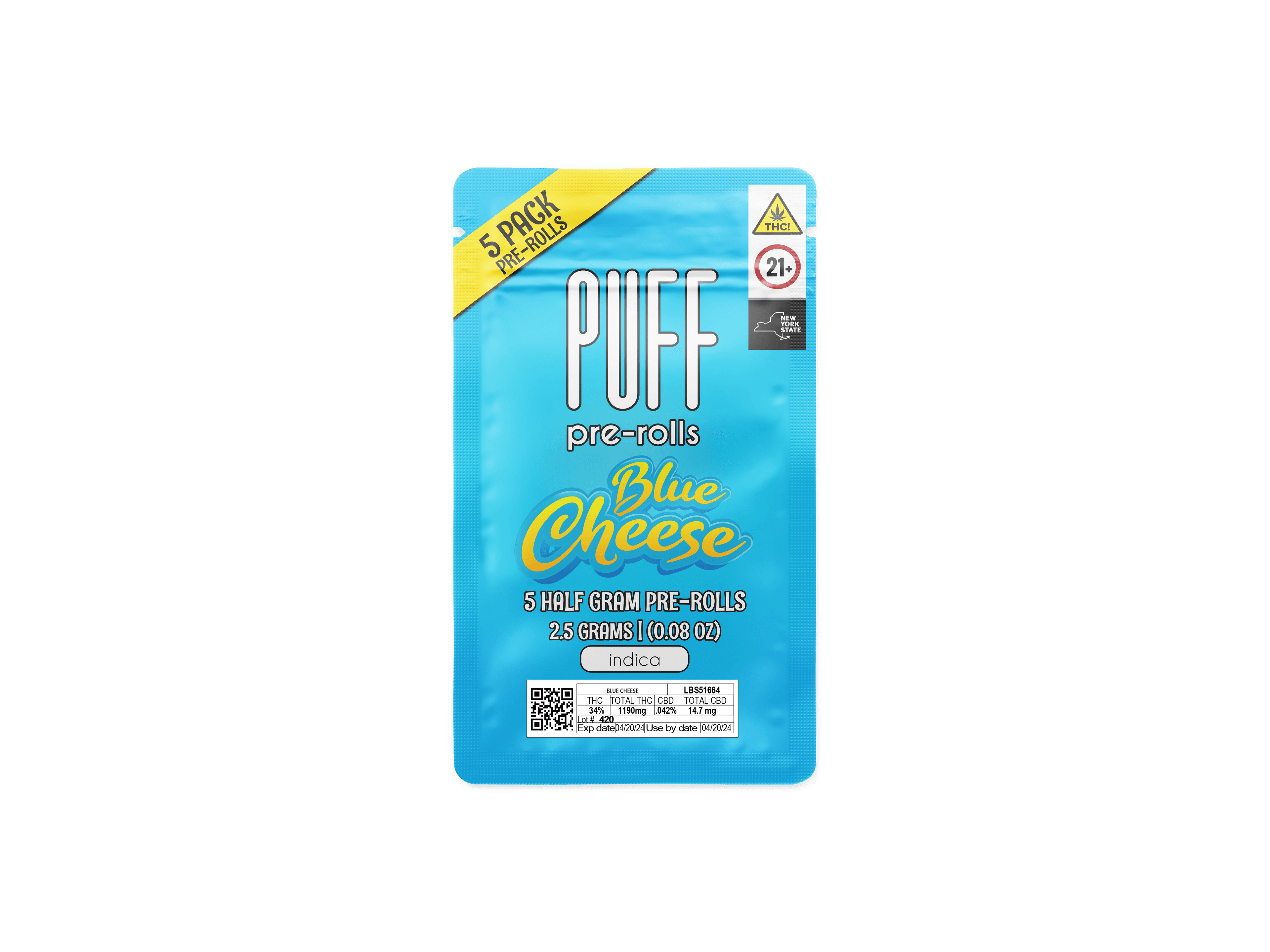 PUFF Pre-Rolls Blue Cheese - Indica - 5 pack pre-rolls - 2.5 gram
