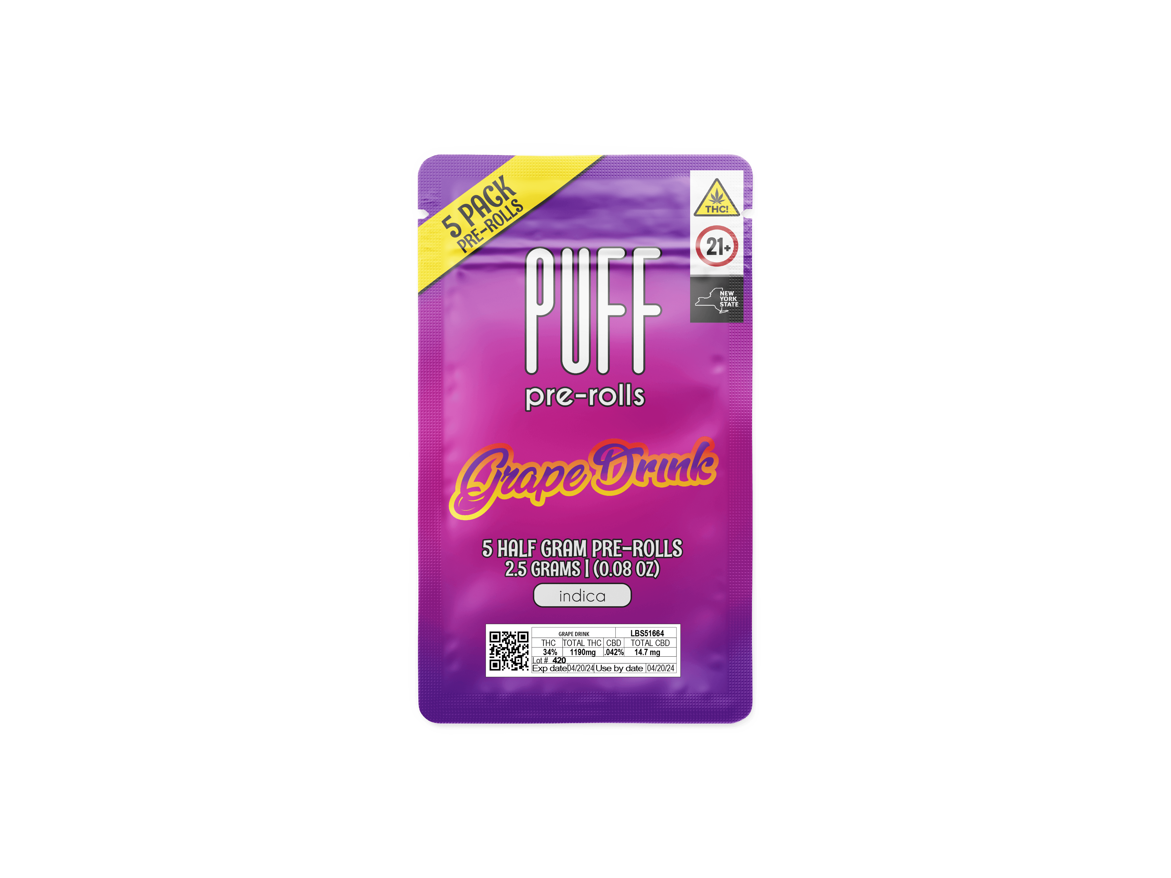 PUFF Pre-Rolls Grapeness - Infused Indica - 5 pack [2.5g]