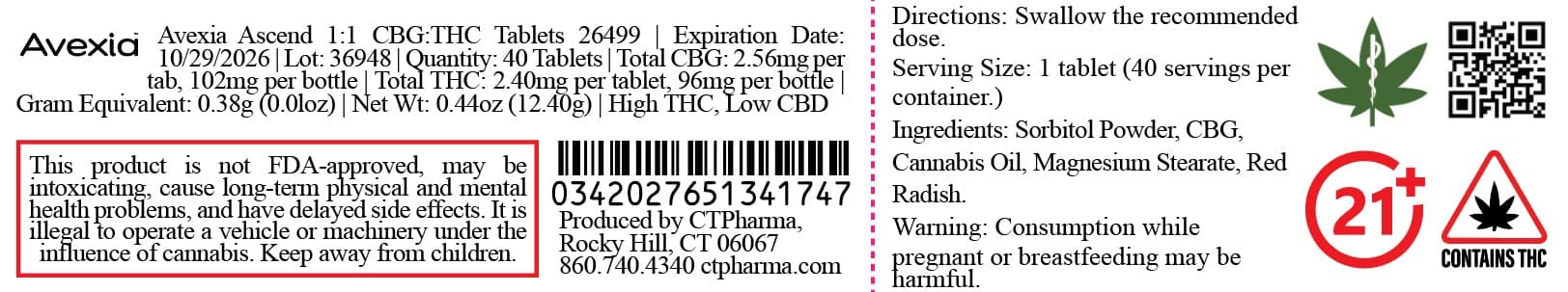 Avexia Avexia Ascend 1:1 CBG:THC Tablets 26499