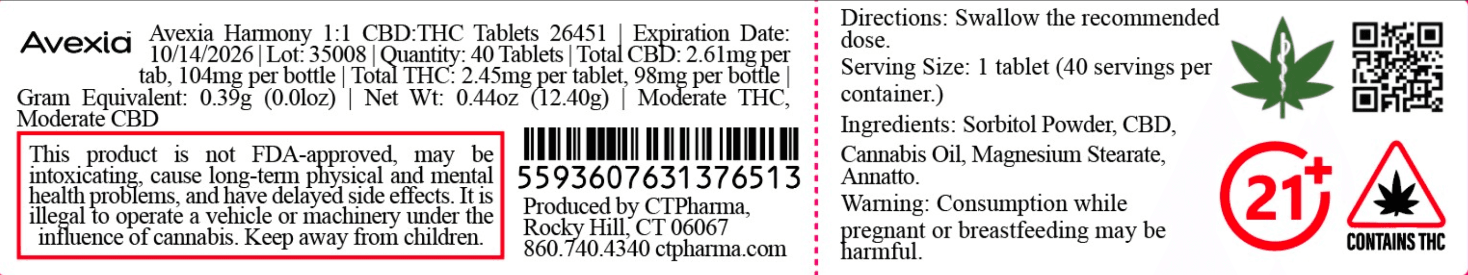 Avexia Avexia Harmony 1:1 CBD:THC Tablets 26451