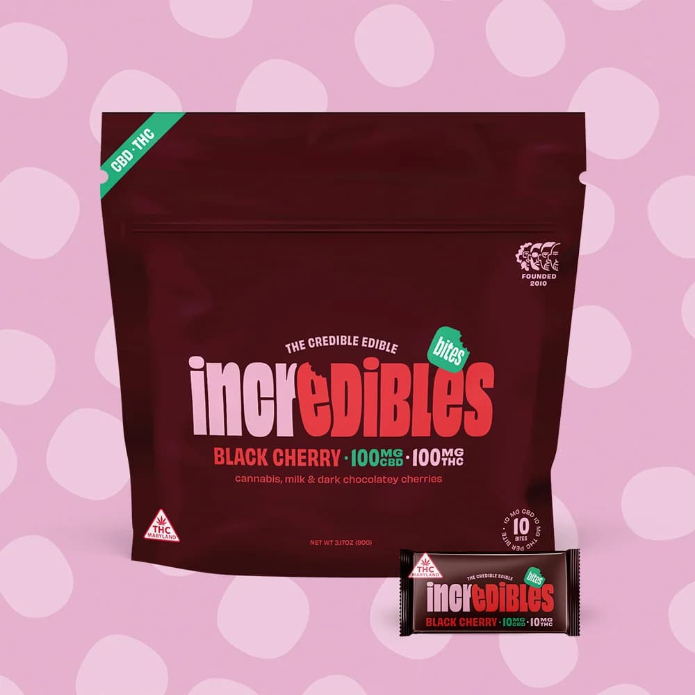 incredibles 1:1 Black Cherry + CBD Bites | Chocolate Bites | 10 Pack | 100mg THC/ 100mg CBD