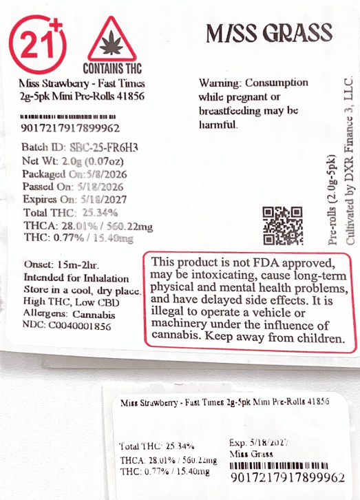 Miss Grass Miss Strawberry - Fast Times Bubble Hash Infused 2g-5pk Mini Pre-Rolls 41973