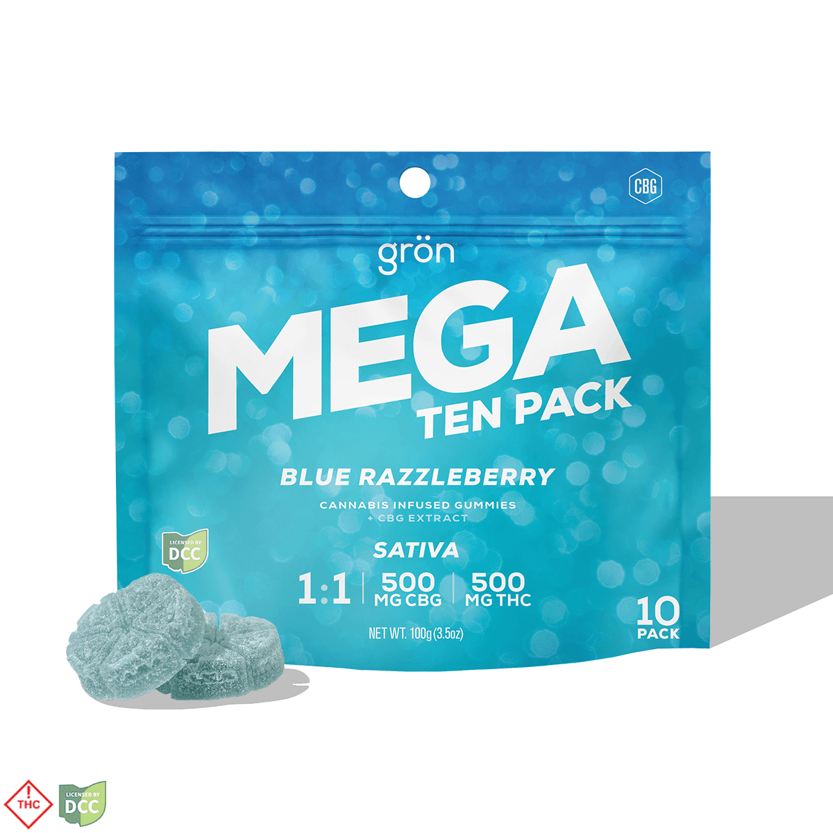 Grön 1:1 Blue Razzleberry MEGA 10-Pack - CBG/THC - Sativa [10pk] (500mg CBG/500mg THC)