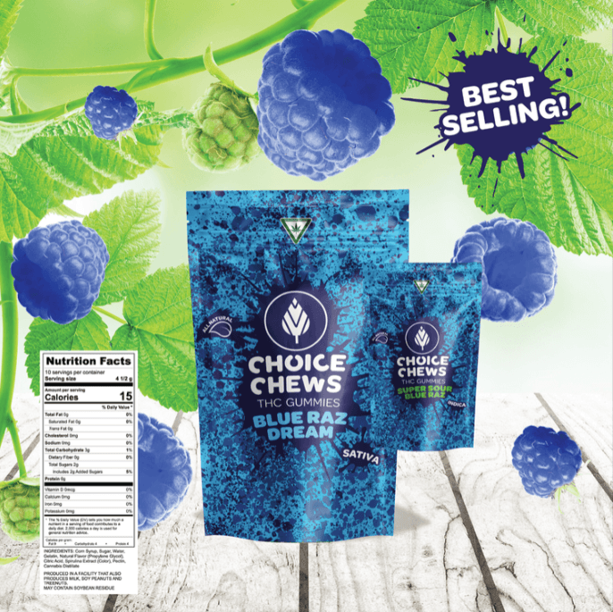 Choice Chews Gummies | Sativa Blue Raz Dream | 100mg | 20pk | Choice Chews