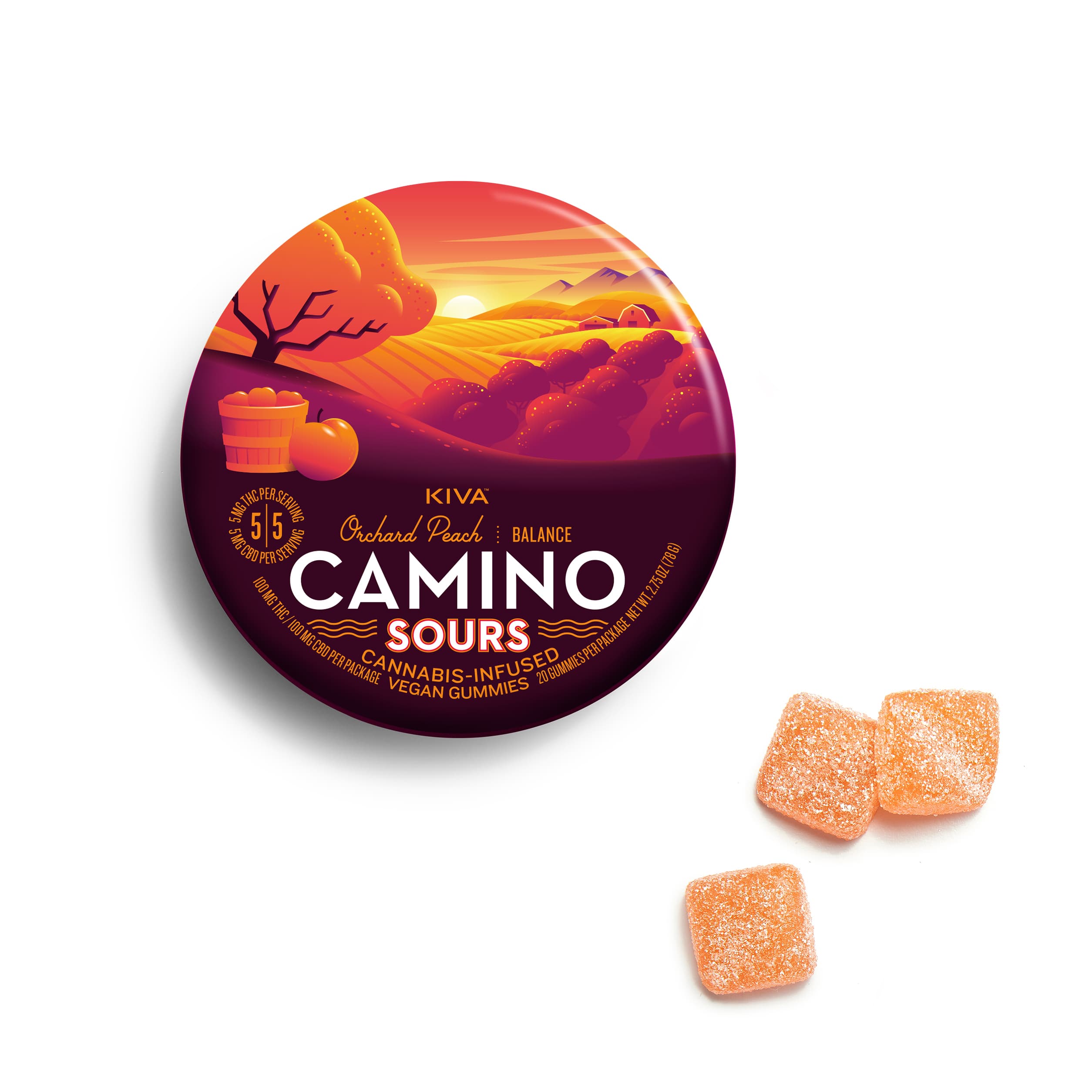 Kiva Orchard Peach | Camino Sours | Gummies | THC:CBD - 1:1 | 20 Pack (5mg)