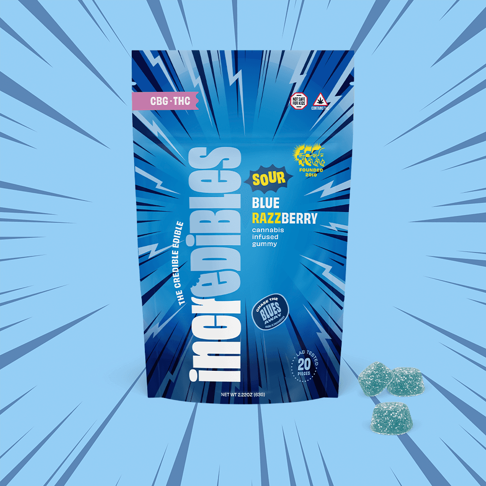 incredibles 1:1 Sour Blue Razzberry + CBG | Gummies | 20 pack | 100mg THC / 100mg CBG