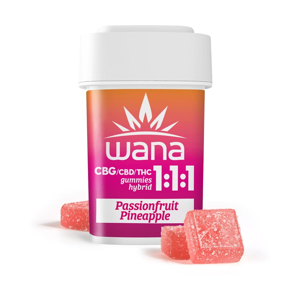 Wana 10mg 1:1:1 Passionfruit Pineapple Hybrid Chews - 100mg THC: 100mg CBD: 100mg CBG