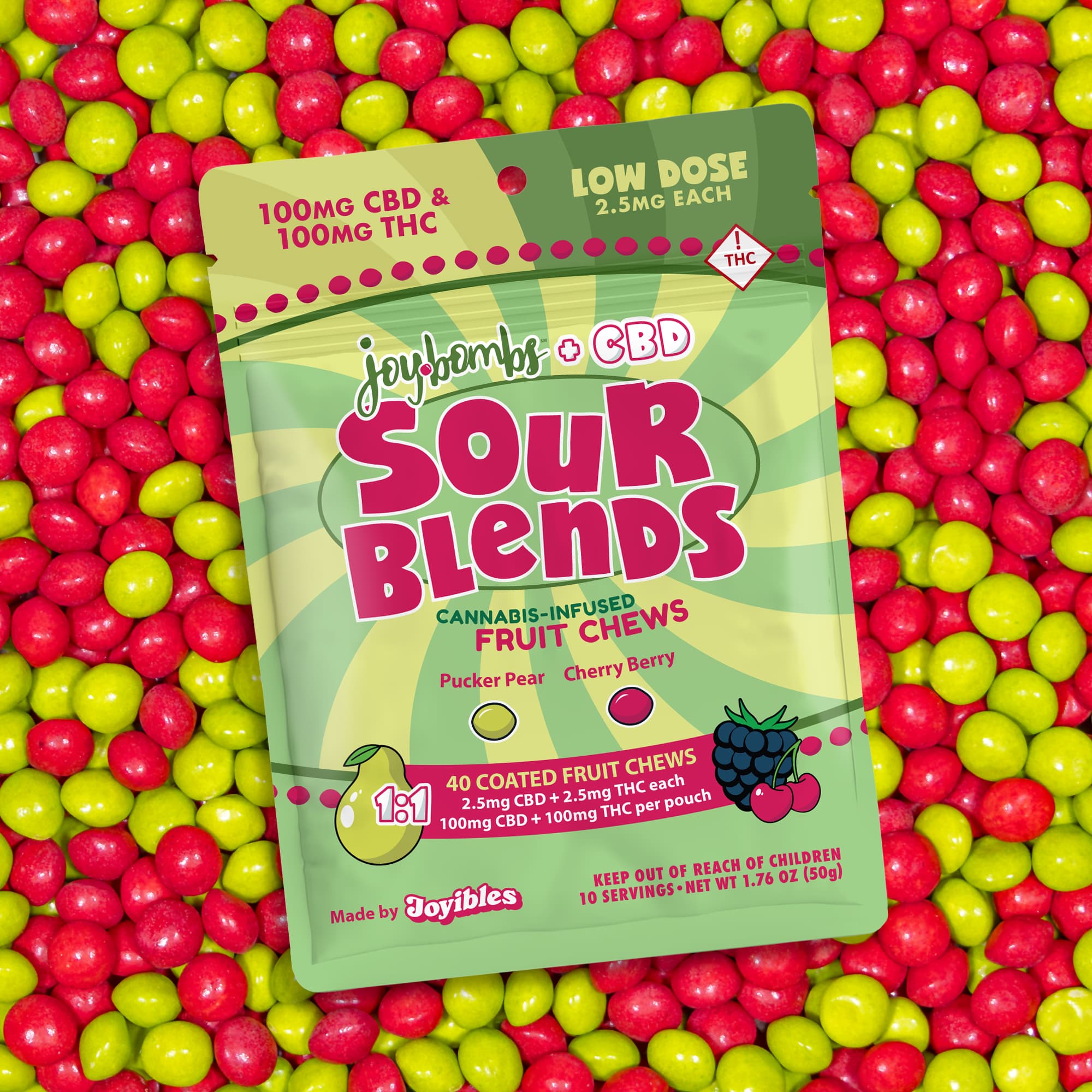 Joy Bombs by Joyibles Joy Bombs + CBD 1:1 Sour Blends - 100mg THC (40pk / 2.5mg THC & 2.5mg CBD ea)