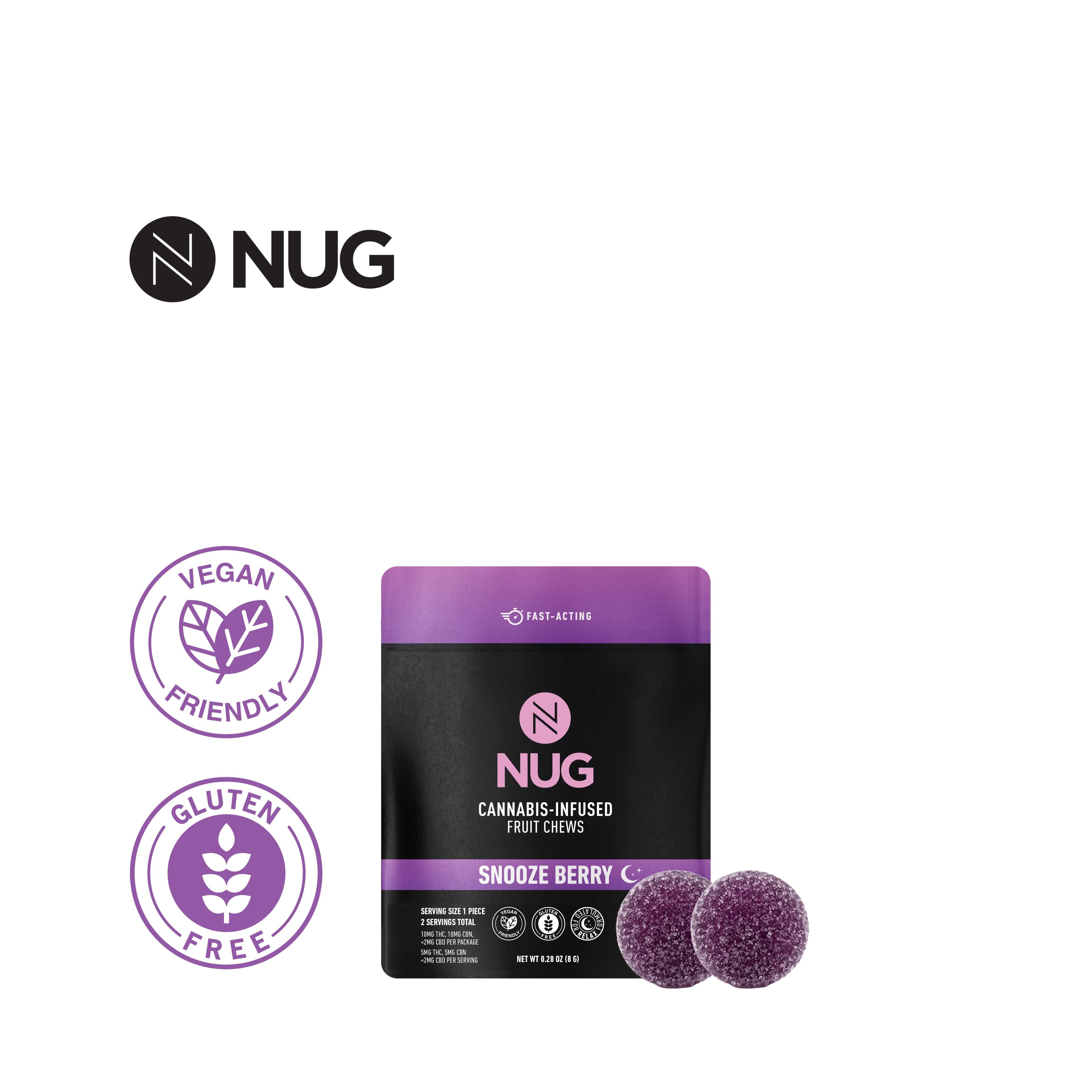 NUG SNOOZE BERRY 1:1 THC:CBN 10MG 2 PACK NANO FRUIT CHEWS