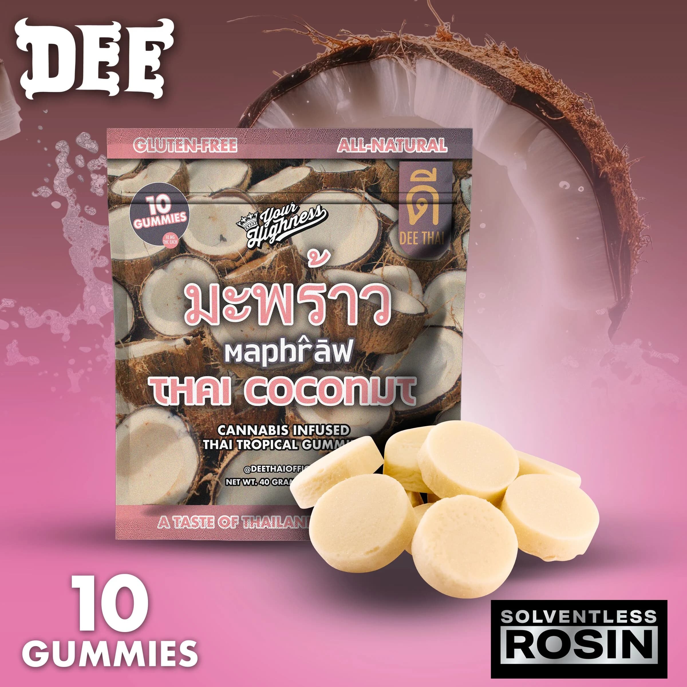 DEE Thai COCONUT 100MG 10 PACK SOLVENTLESS ROSIN INFUSED GUMMIES
