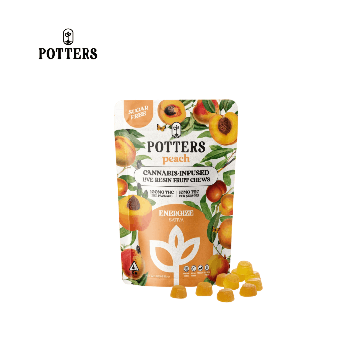 Potters PEACH 100MG 10 PACK SUGAR FREE LIVE RESIN FRUIT CHEWS