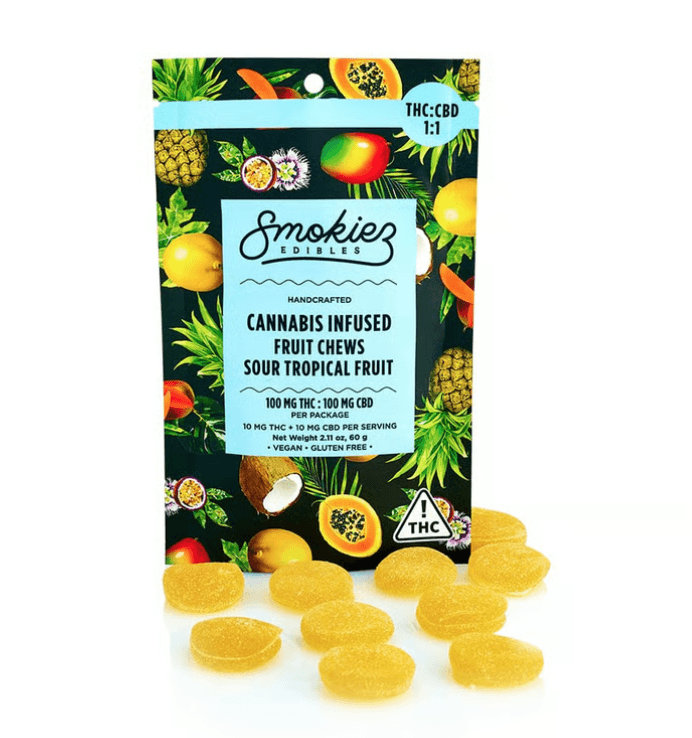 SMOKIEZ SOUR TROPICAL FRUIT 1:1 THC:CBD 100MG 10 PACK FRUIT CHEWS