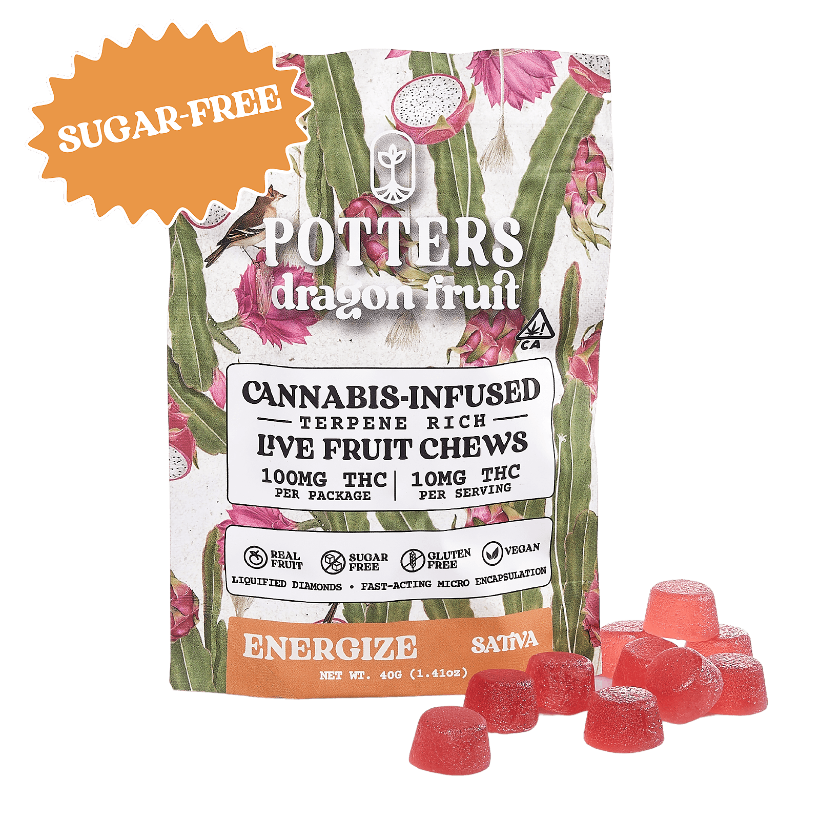Potters DRAGONFRUIT ENERGIZE SUGAR FREE LIVE FRUIT CHEWS 100MG