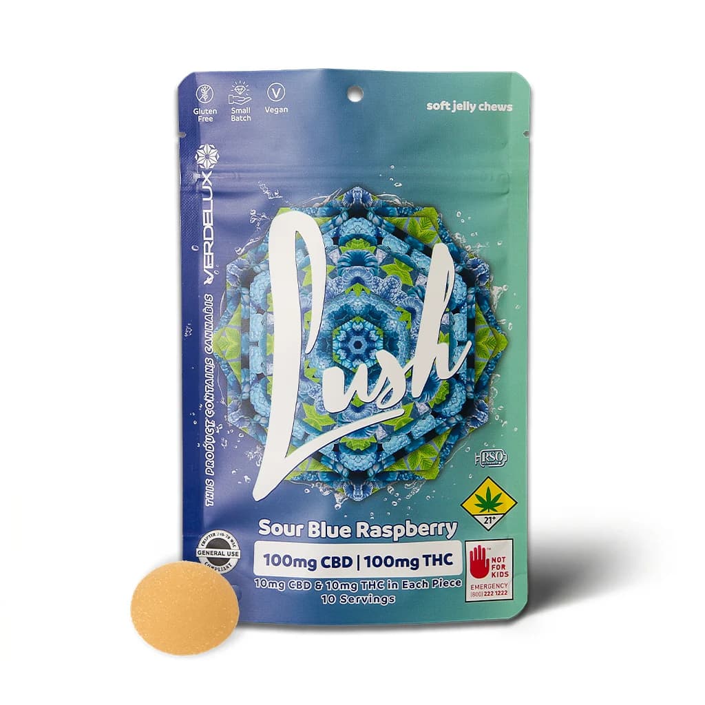 Verdelux Gummies Lush Sour Blue Raspberry 1:1 (DOHC) Edibles - 10pk 100mg CBD | 100mg THC
