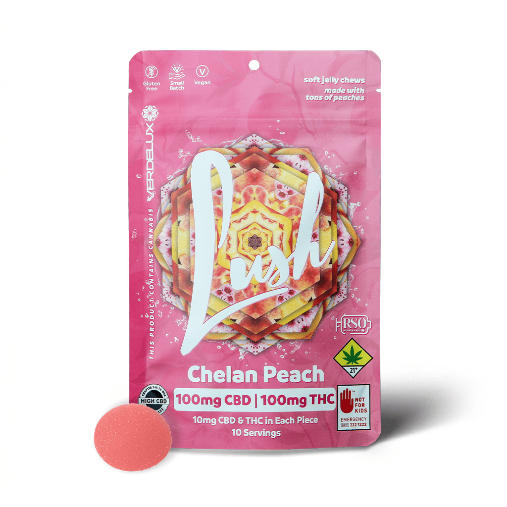 Verdelux Gummies Lush Chelan Peach 1:1 (DOHC) Edibles 10pk - 100mg CBD | 100mg THC