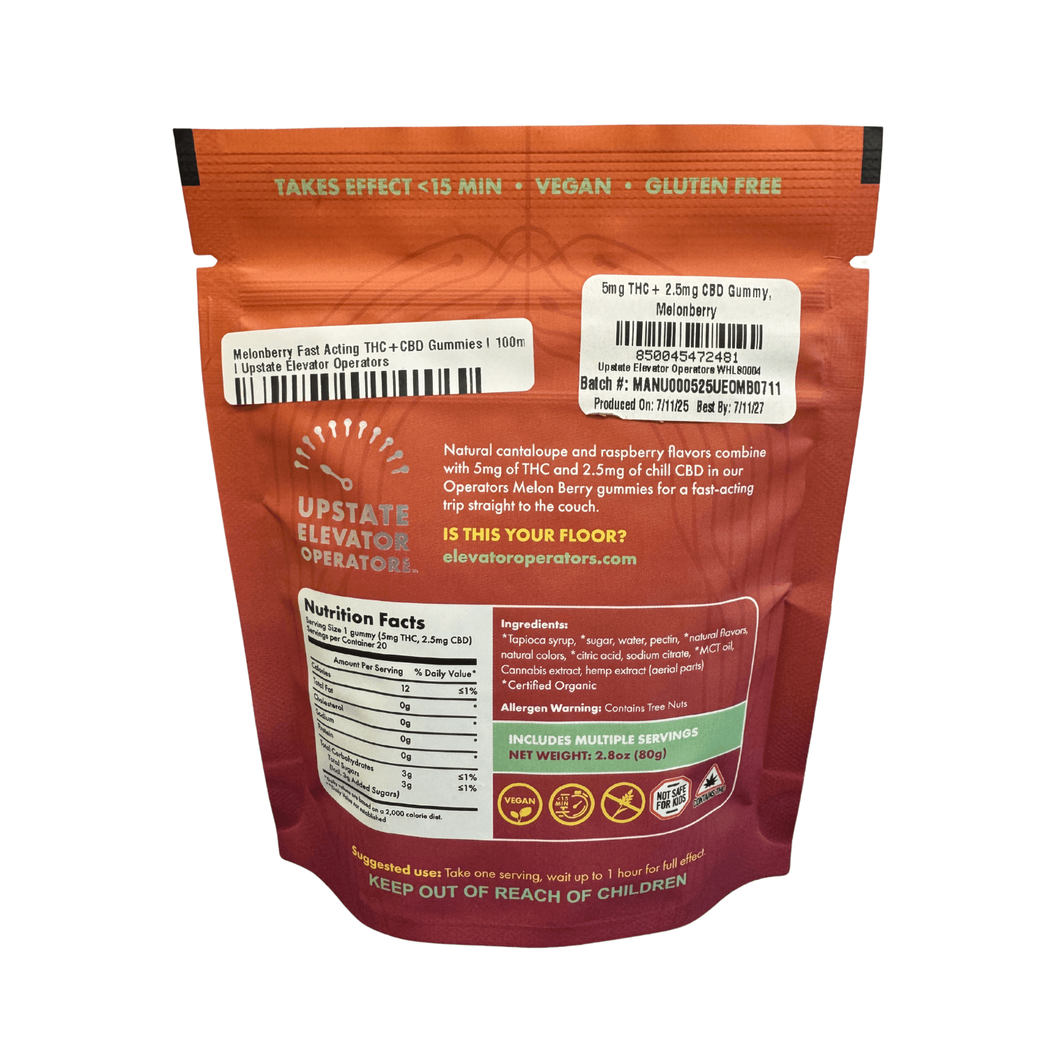 Upstate Elevator Melonberry Fast Acting THC+CBD Gummies I 100mg I Upstate Elevator Operators