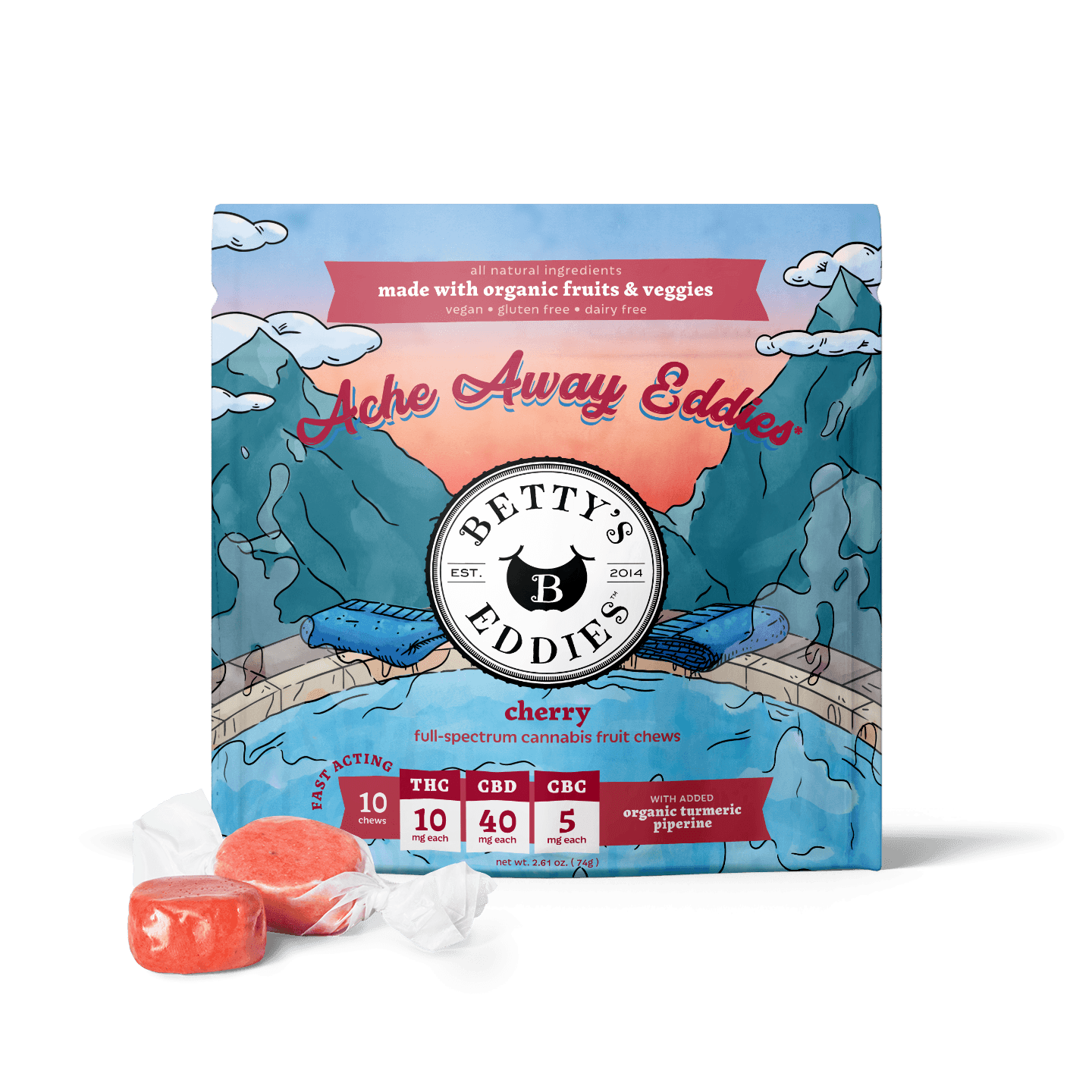 Betty's Eddies Cherry | 10mg THC: 40mg CBD: 5mg CBC | 10pk Fruit Chews | Betty's Eddies