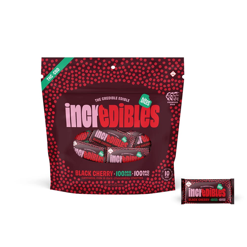 incredibles 1:1 Black Cherry + CBD Bites | Chocolate Bites | 10 pack | 100mg CBD / 100mg THC