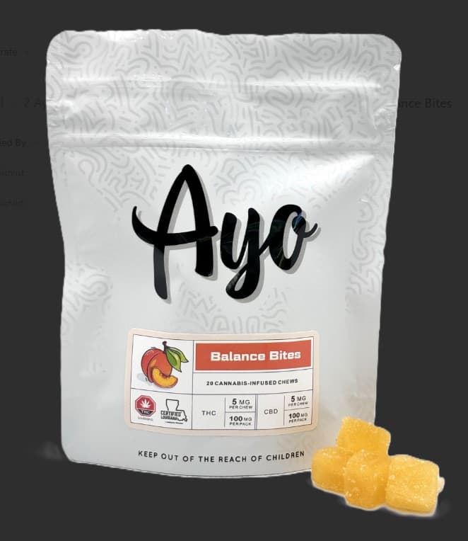 AYO Gummies | Peach Balance Bites 1:1 | 100mg THC | 100mg CBD | 20pk