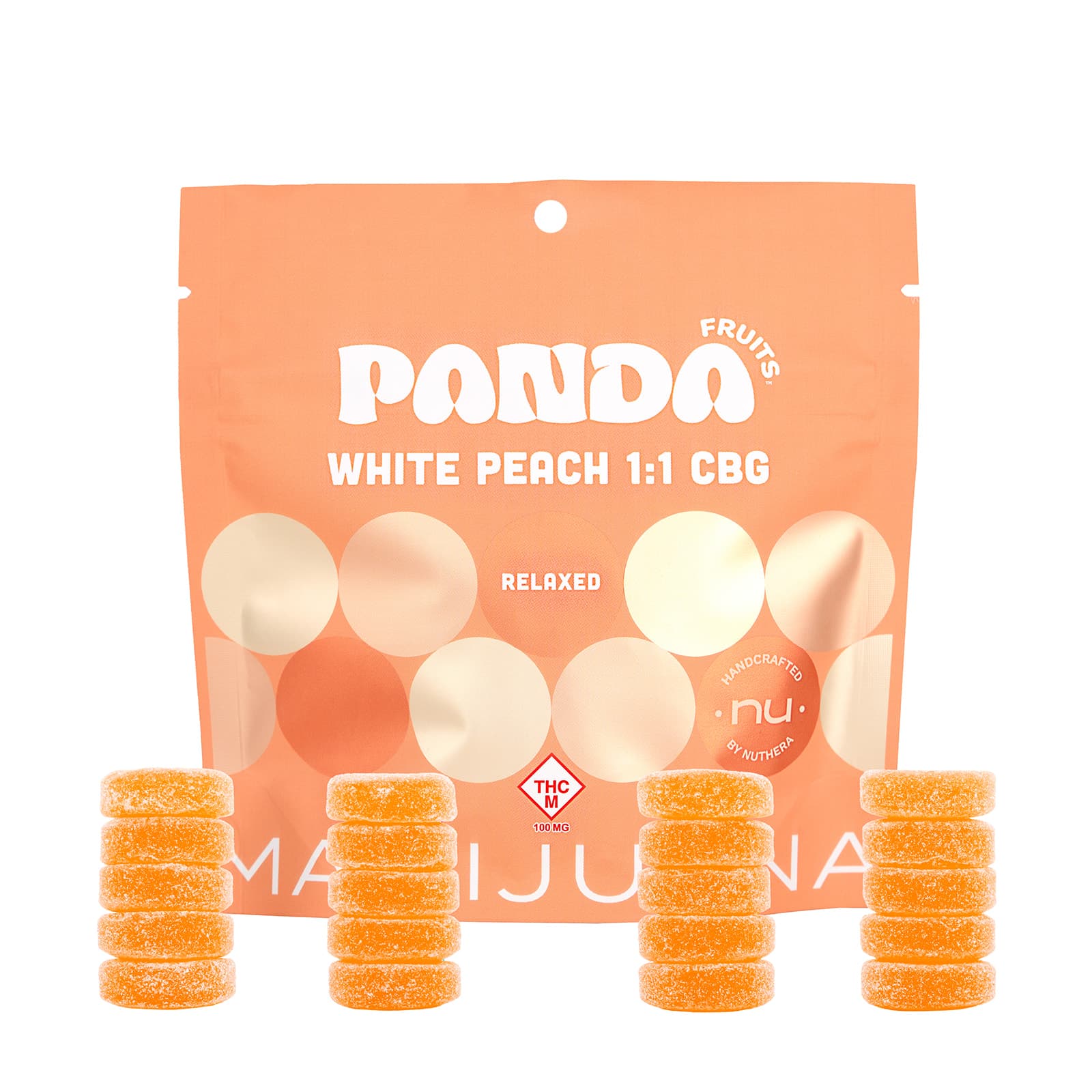 Panda Wellness Gummies | White Peach 1:1 | 100mg THC : 100mg CBG | 20pk