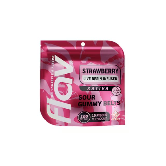 FLAV Strawberry | Live Resin Sour Gummy Belts | 100mg (10pcs)