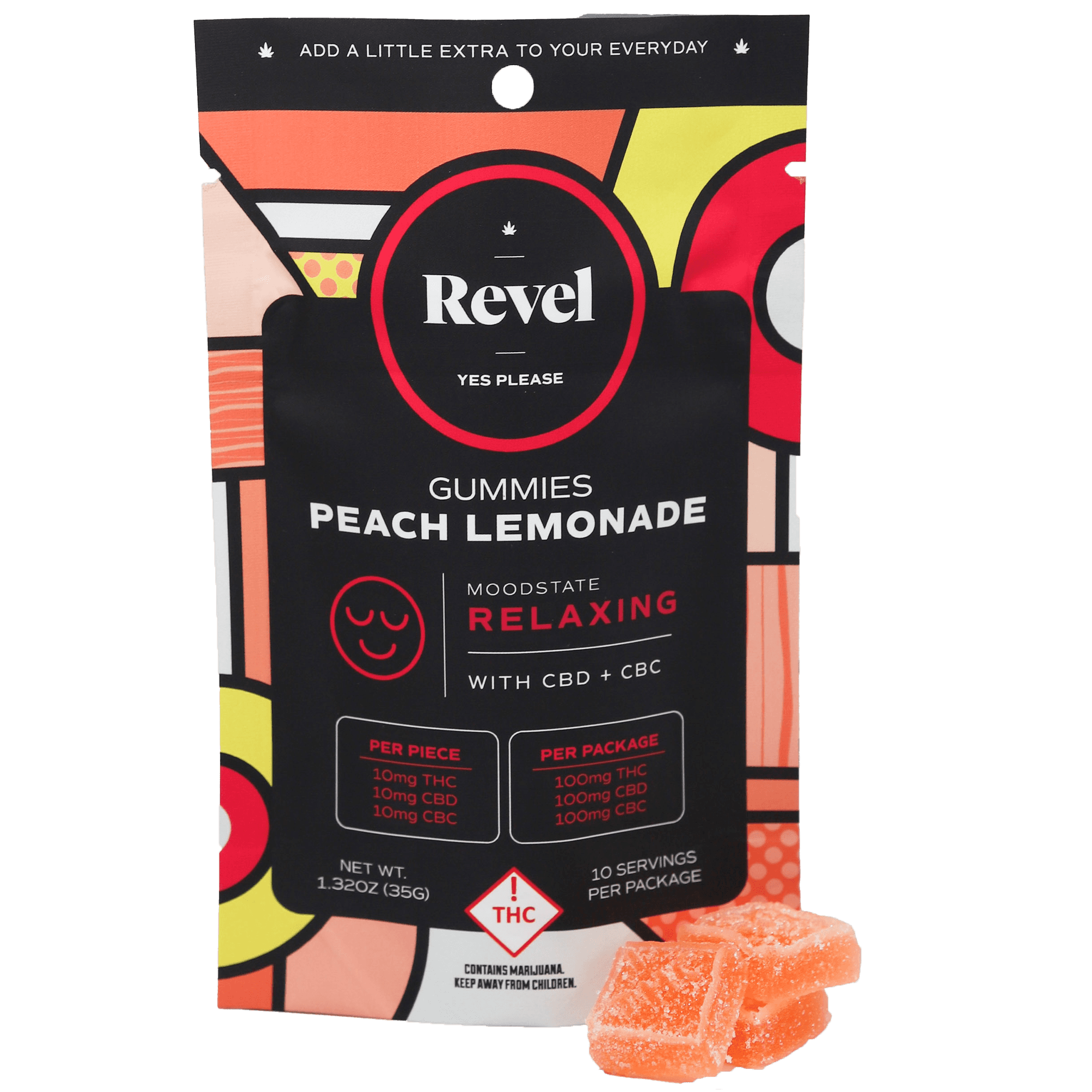 Revel REC: Revel Relaxed Peach Lemonade Gummies 1:1:1 100mg THC/100mg CBD/100mg CBC
