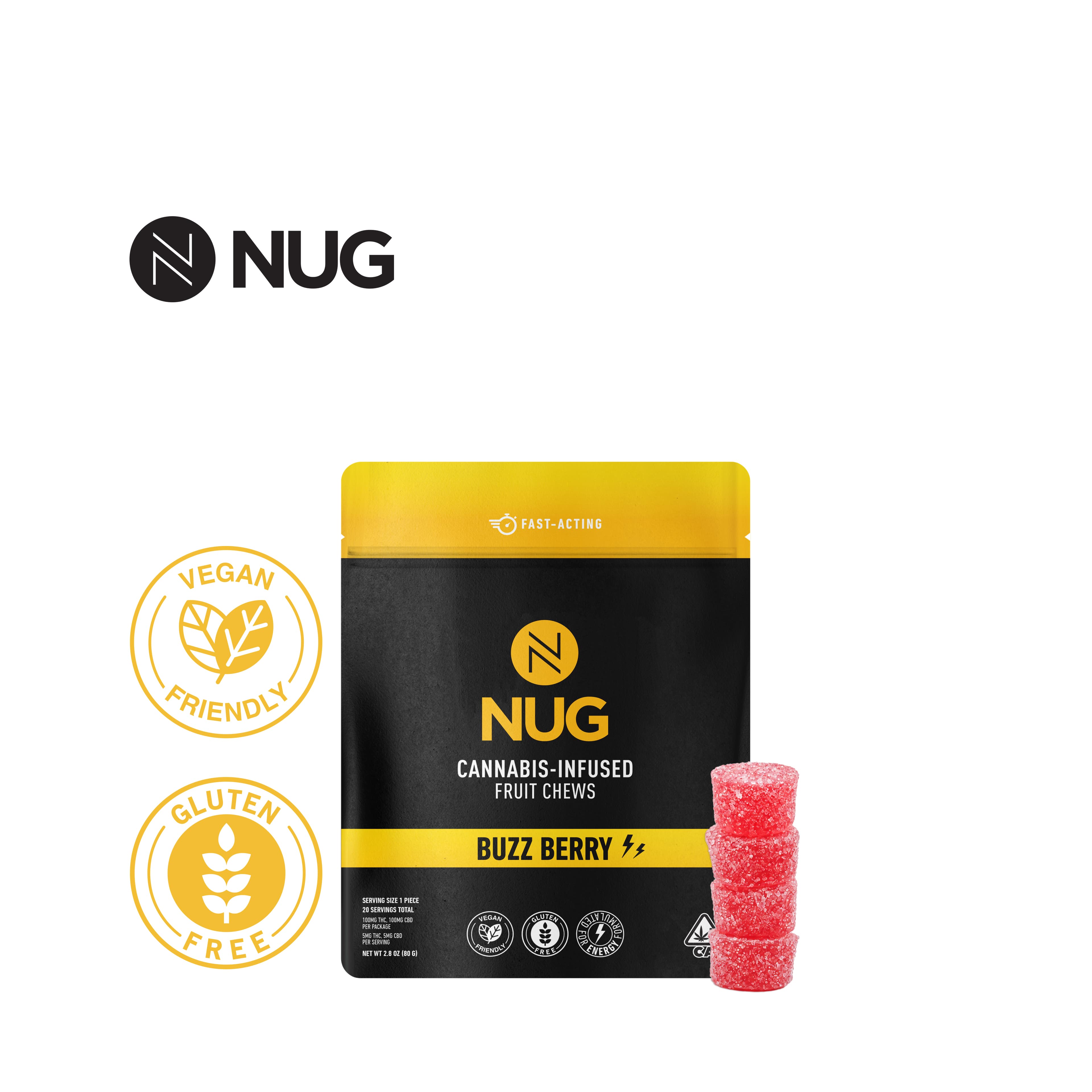 NUG BUZZ BERRY 1:1 THC:CBD 100MG 20 PACK FRUIT CHEWS