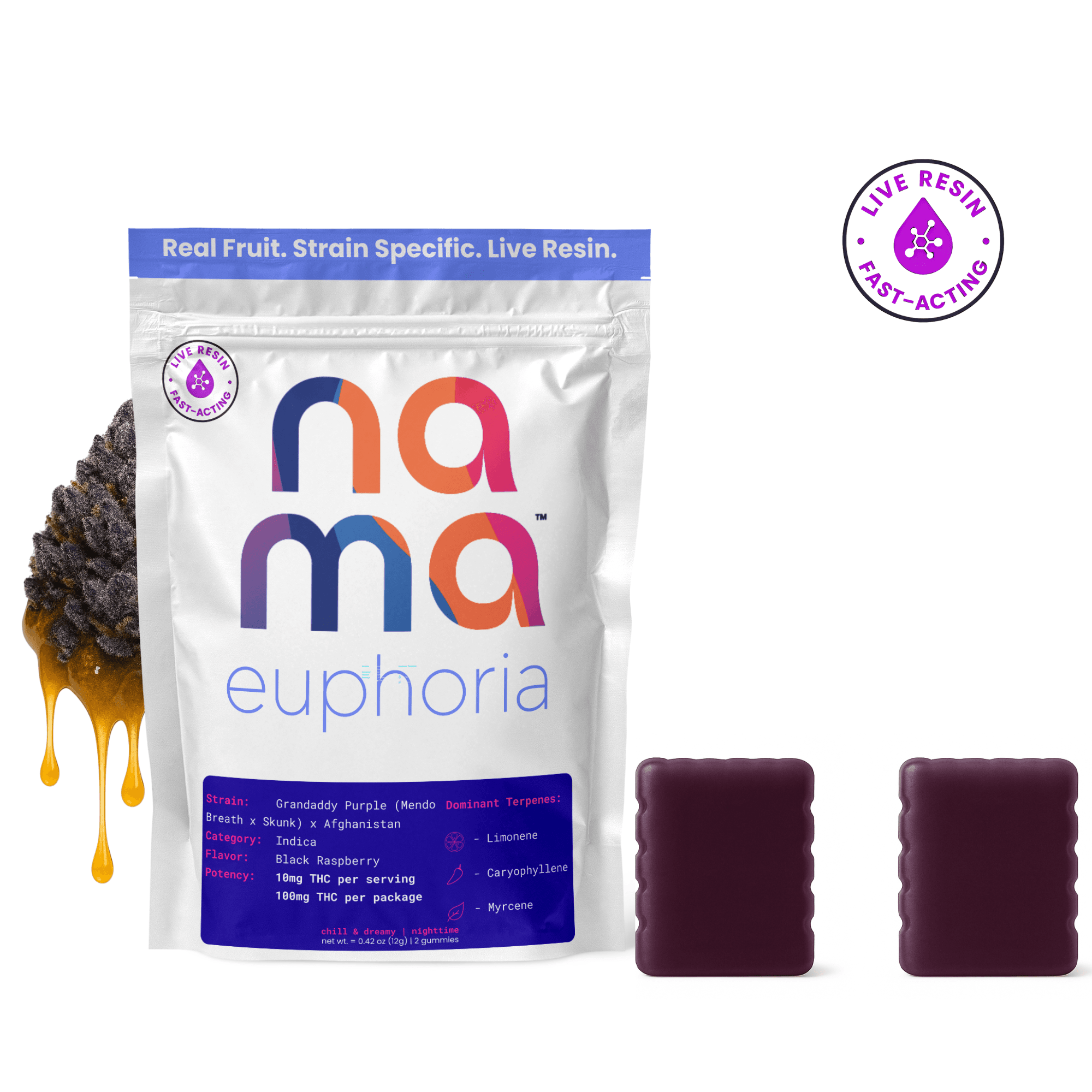 nama EUPHORIA | BLACK RASPBERRY - GRANDADDY PURPLE | LIVE RESIN GUMMIES | 2 PACK | 100MG