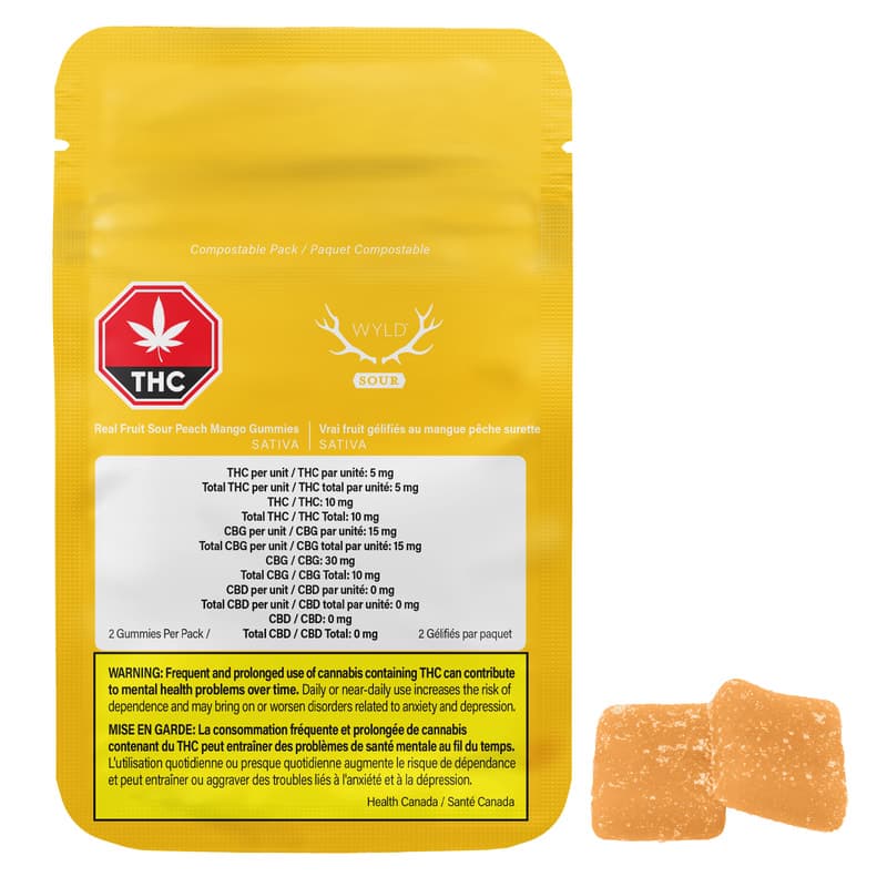 Wyld Wyld Real Fruit Sour Peach Mango 3:1 CBG THC Soft Chews 2pk