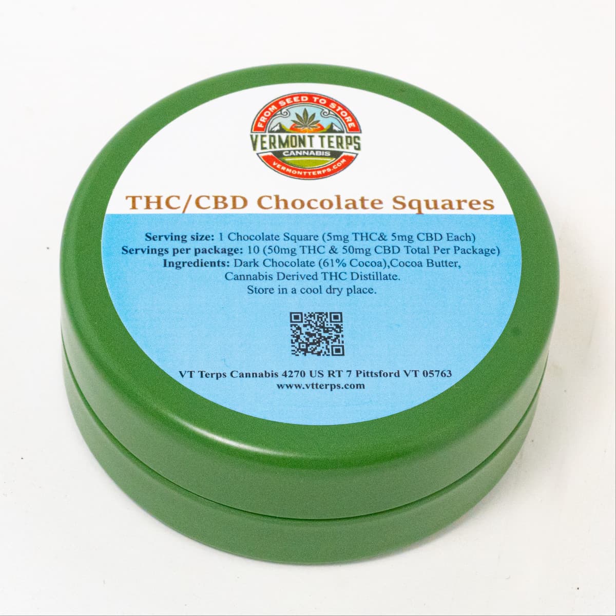 Vermont Terps Dark Chocolate Squares (10pk) · 5mg THC / 5mg CBD