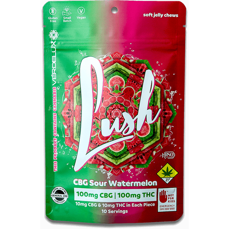 Lush LUSH Sour Watermelon Gummies 1:1 THC/CBG 100mg/100mg 10pk
