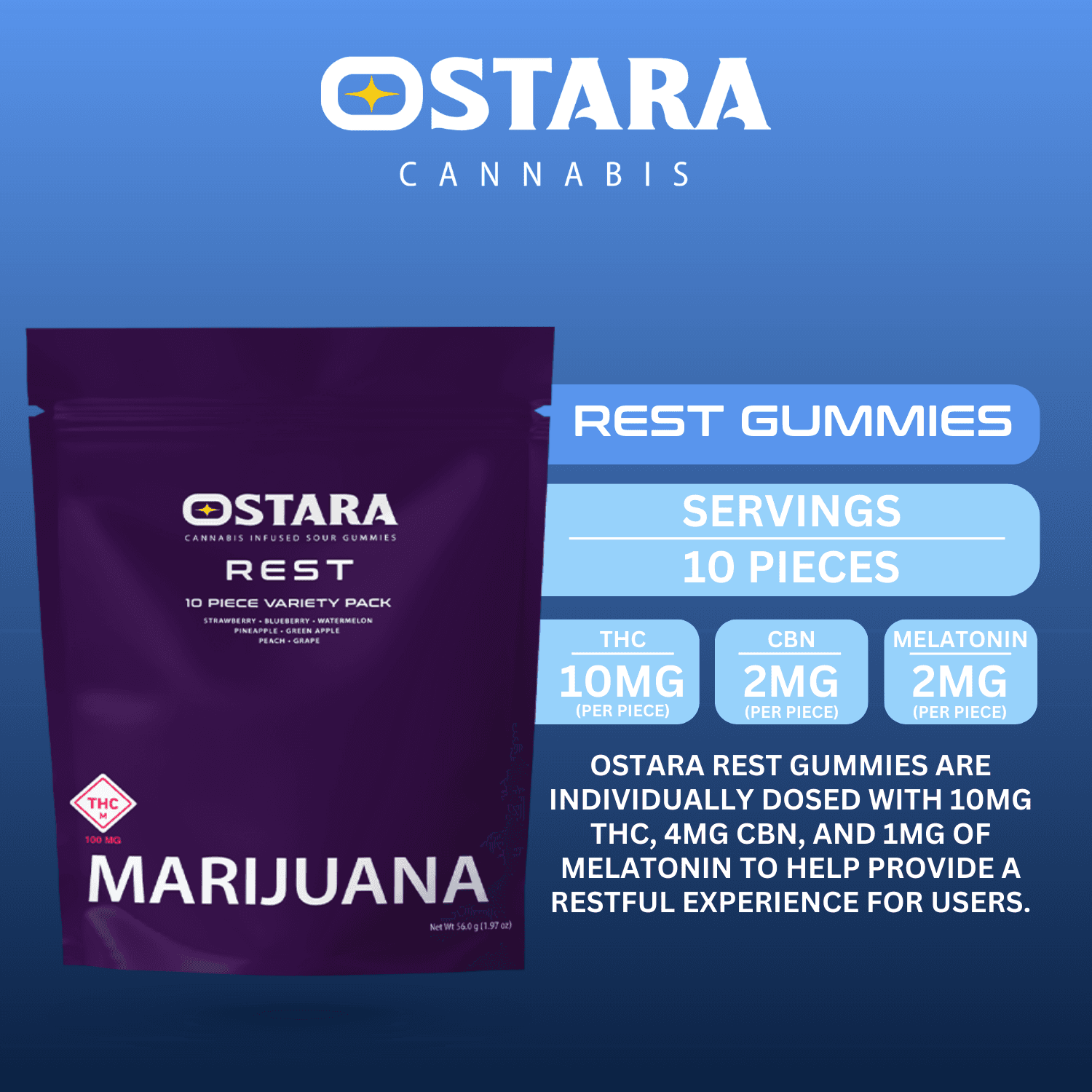 Ostara Cannabis 5:2 Rest Gummies [10pk] (100mg THC/25mg CBN/1mg Melatonin)