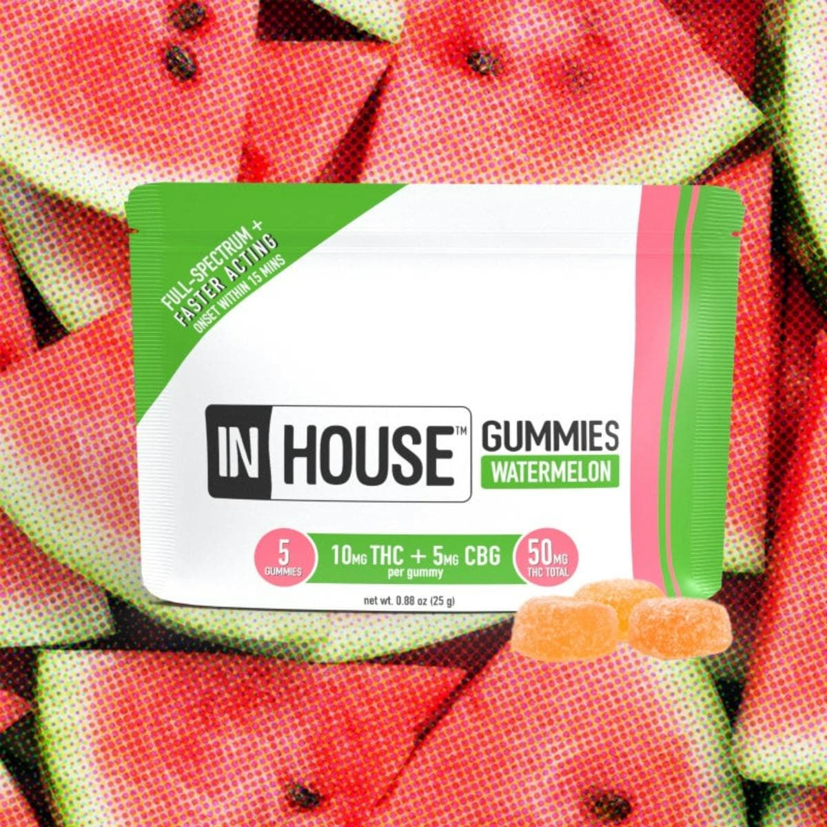 InHouse In House Watermelon (H) 2:1 THC:CBG Gummies 5pk 10mg