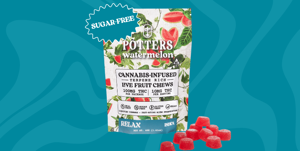 Potters WATERMELON 100MG 10 PACK SUGAR FREE LIVE RESIN FRUIT CHEWS