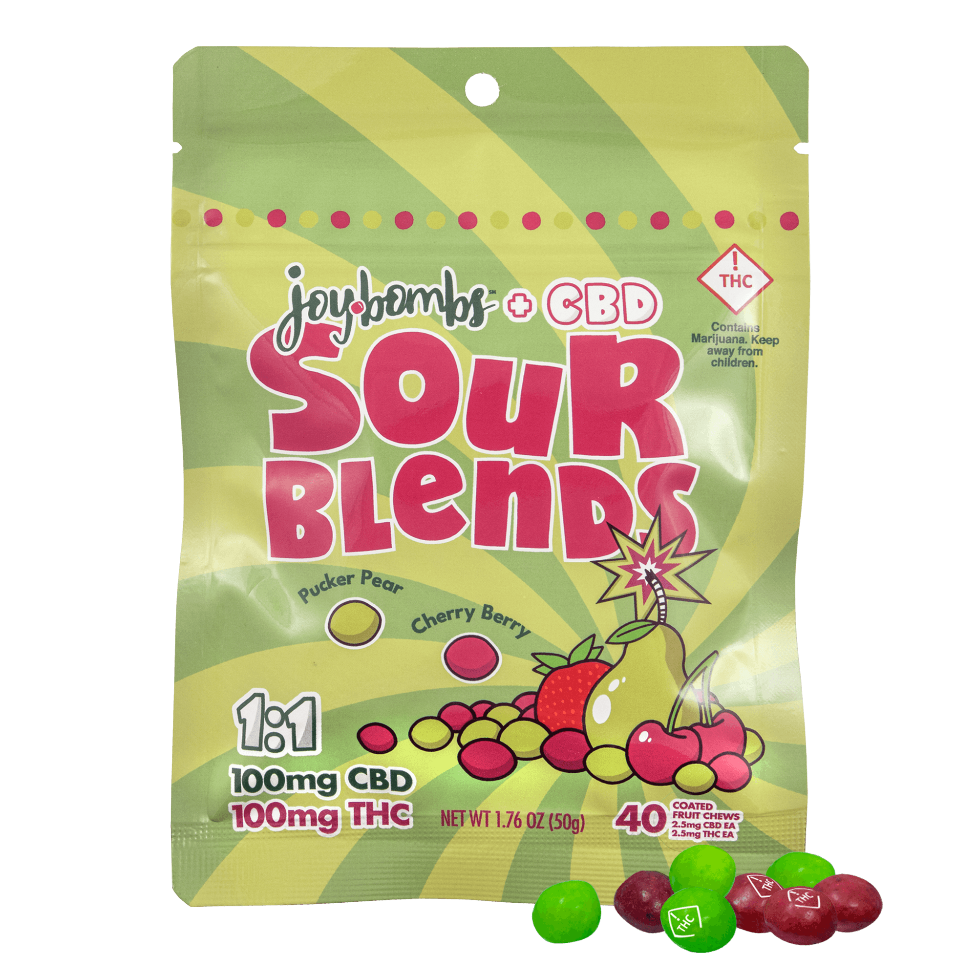 Joy Bombs by Joyibles REC: Joy Bombs 1:1 Sour Blends Chews 100mg THC/100mg CBD