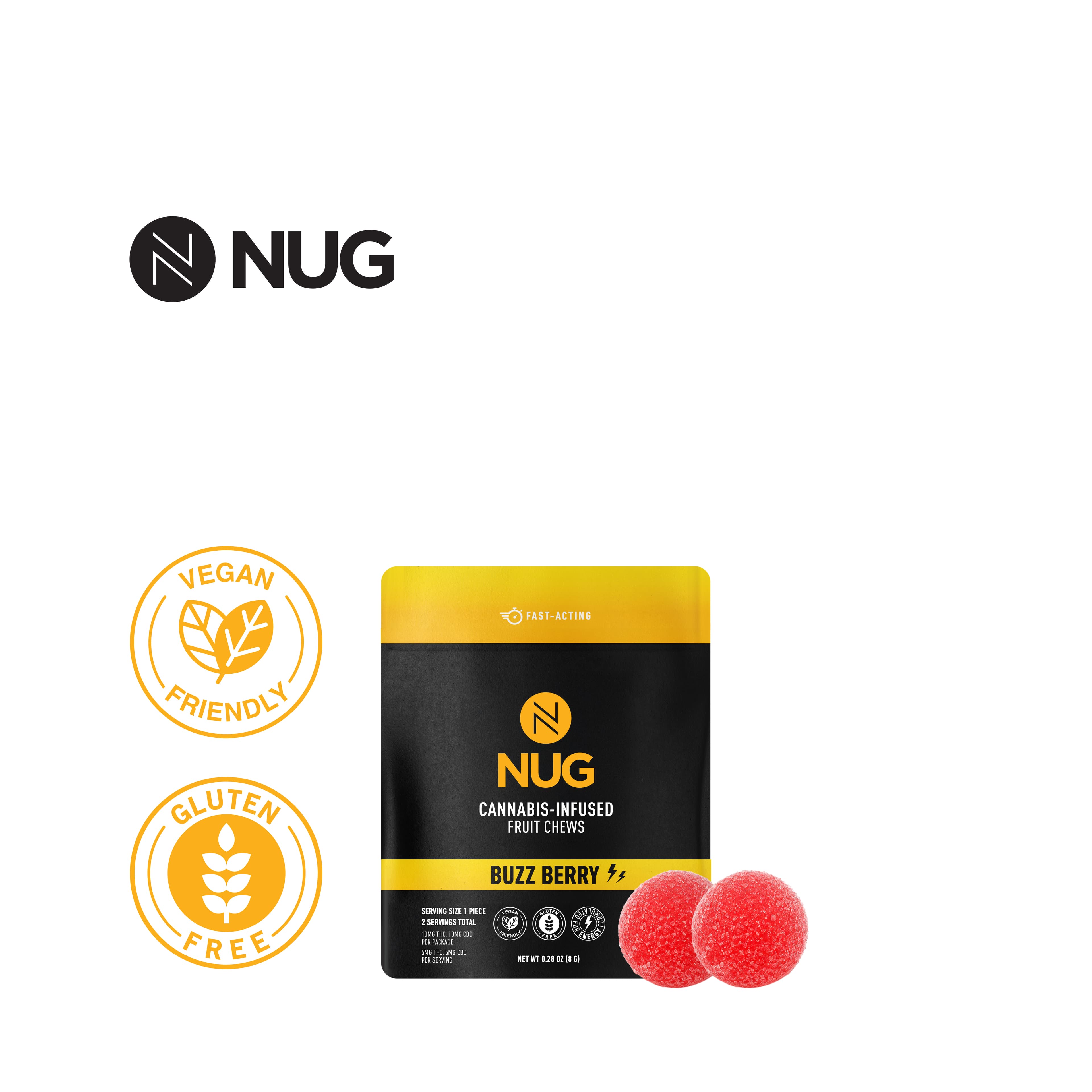 NUG BUZZ BERRY 10MG 1:1 THC:CBD 2 PACK NANO FRUIT CHEWS