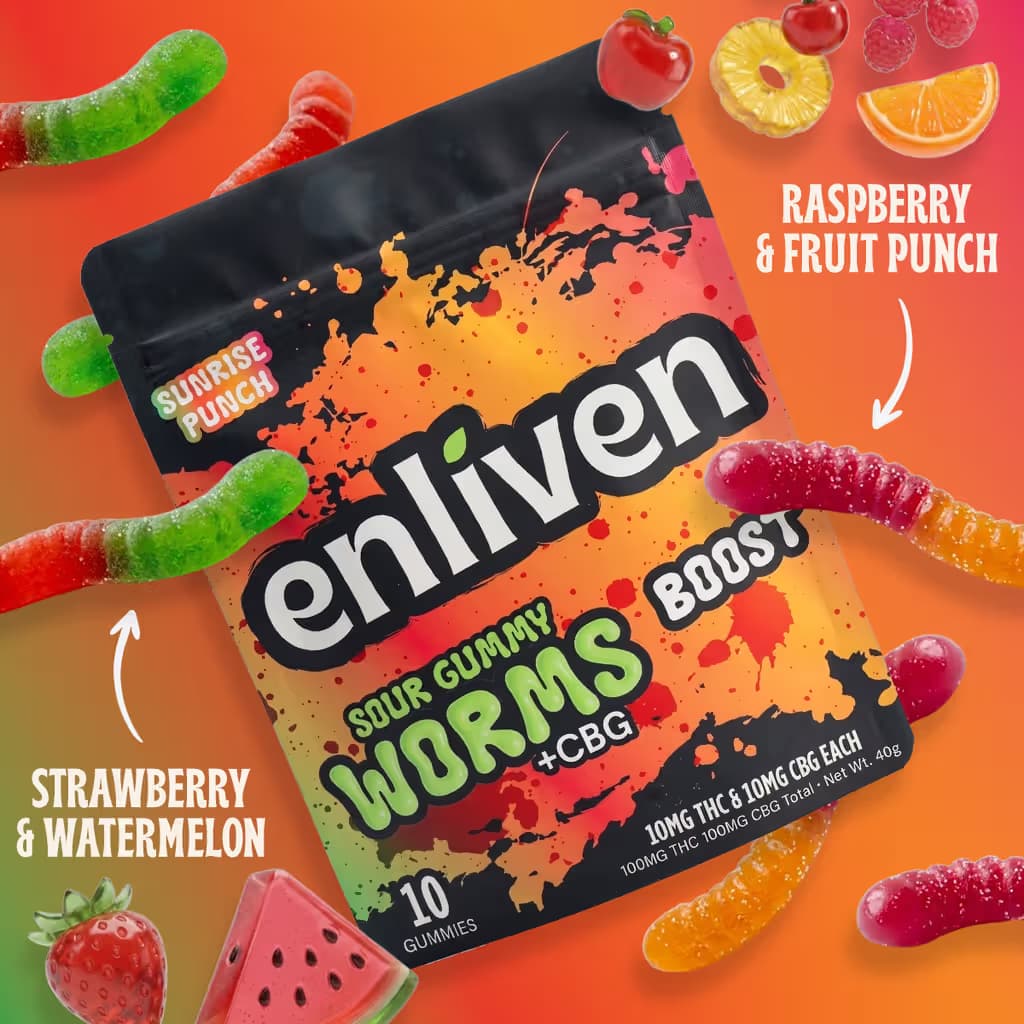 Enliven Sour Gummy Worms - Boost Sunrise Punch 1:1 CBG/THC