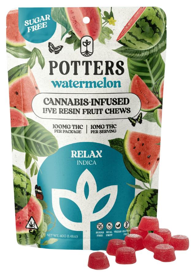 Potters WATERMELON 100MG 10 PACK SUGAR FREE LIVE RESIN FRUIT CHEWS