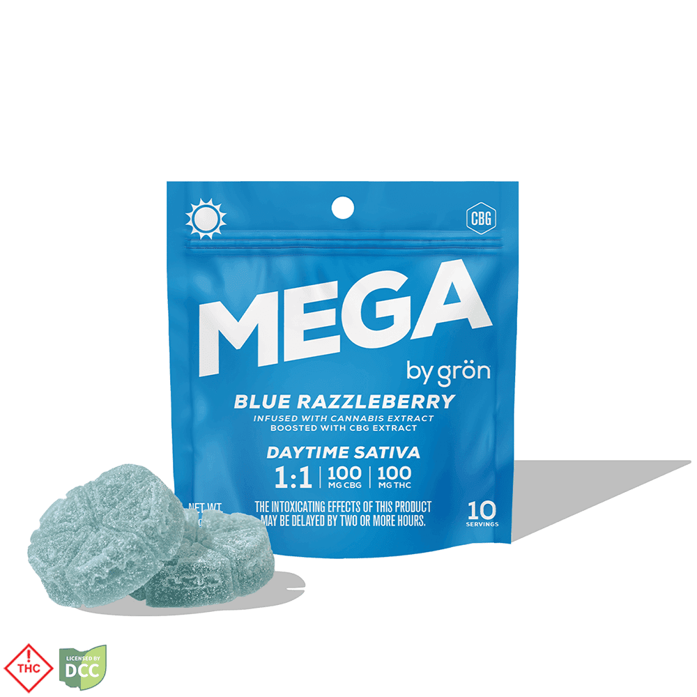 Grön 1:1 Blue Razzleberry Mega Pearl [2pk, 10 Servings] (100mg THC/100mg CBG)