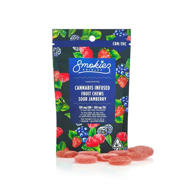SMOKIEZ SOUR JAMBERRY 1:1 THC:CBN 100MG 10 PACK FRUIT CHEWS