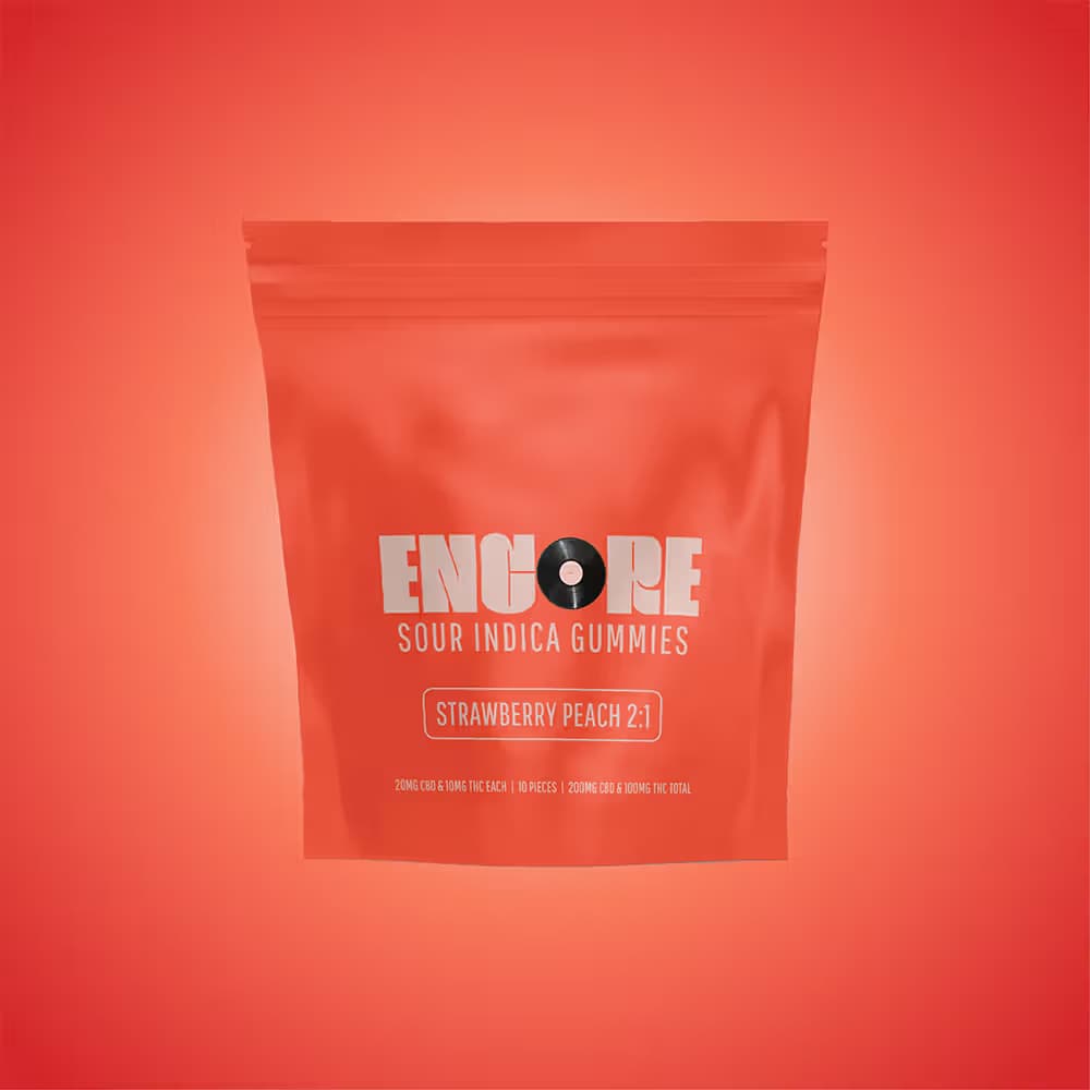 Encore Edibles Sour Strawberry Peach 2:1 CBD:THC Gummies [10pk] 100mg