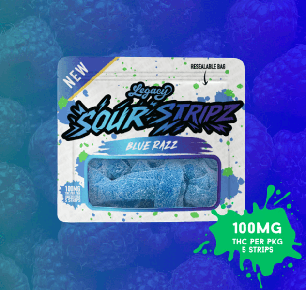 Legacy 100mg Gummies - Blue Razz Sour Stripz 5 x 20mg