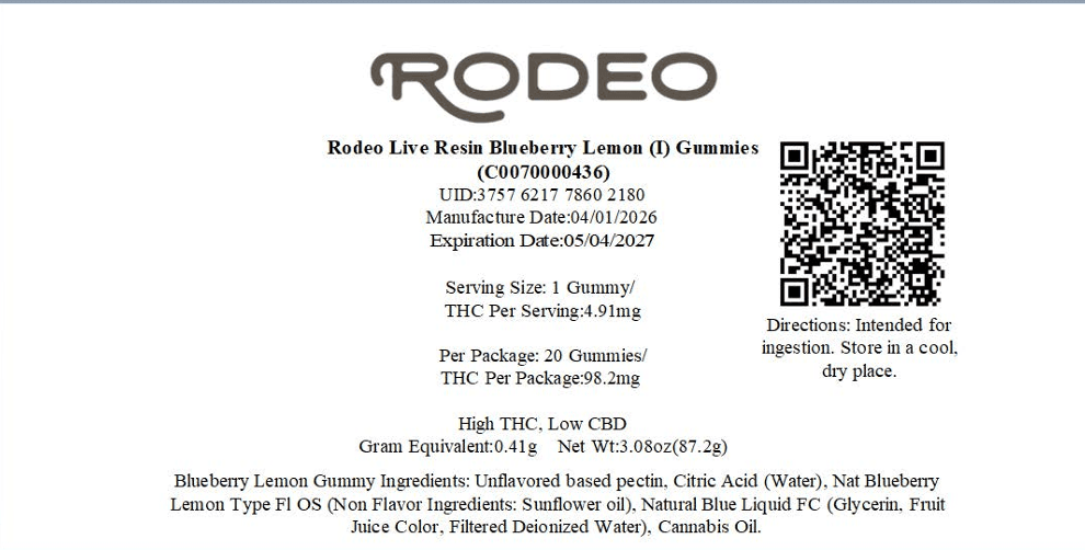 Rodeo Rodeo Live Resin Blueberry Lemon (I) Gummies (C0070000436)
