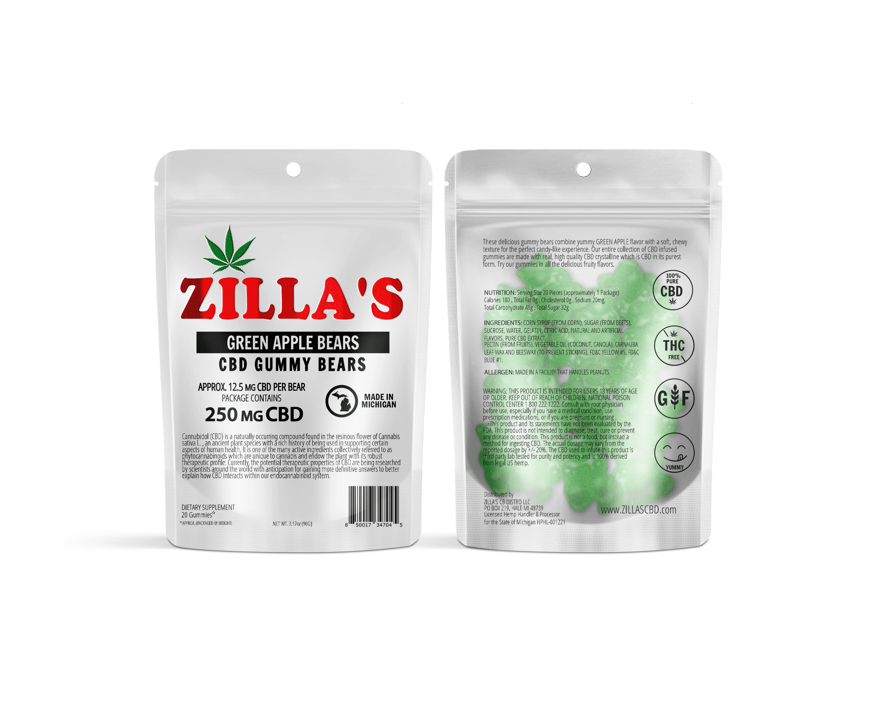 Zilla's 250mg CBD Gummy Bears | Green Apple Candy