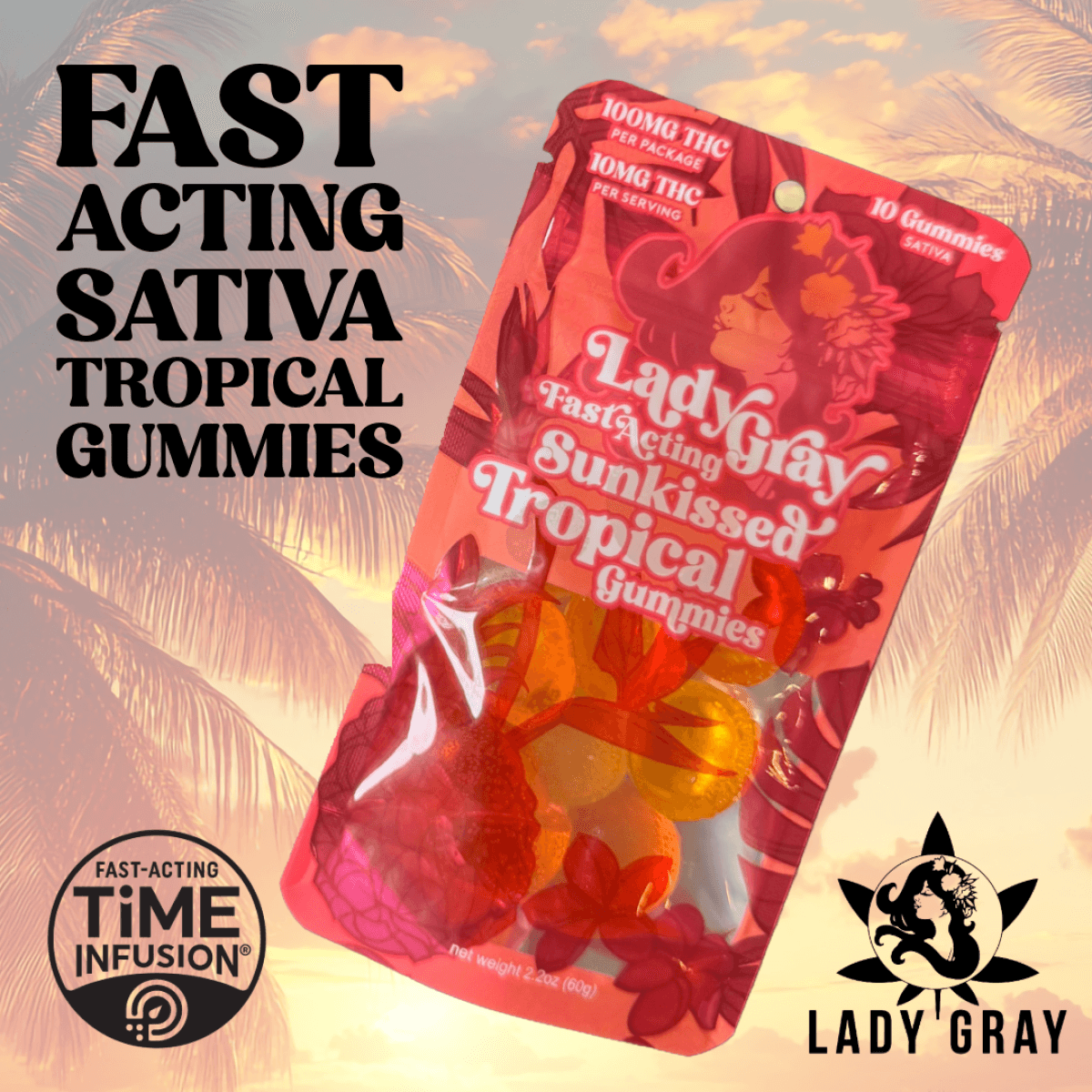 Lady Gray Sunkissed Tropical Gummies - Fast Acting 100mg
