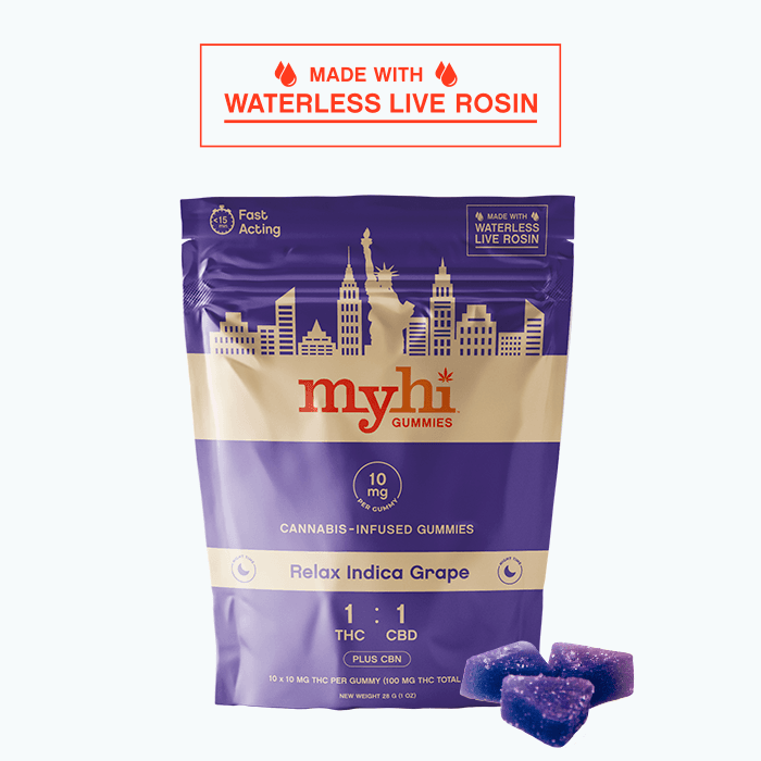 MYHI Relax Indica Grape (1:1 THC:CBD + CBN) - Waterless Live Rosin, Fast Acting Gummies - 10 pieces (100mg)