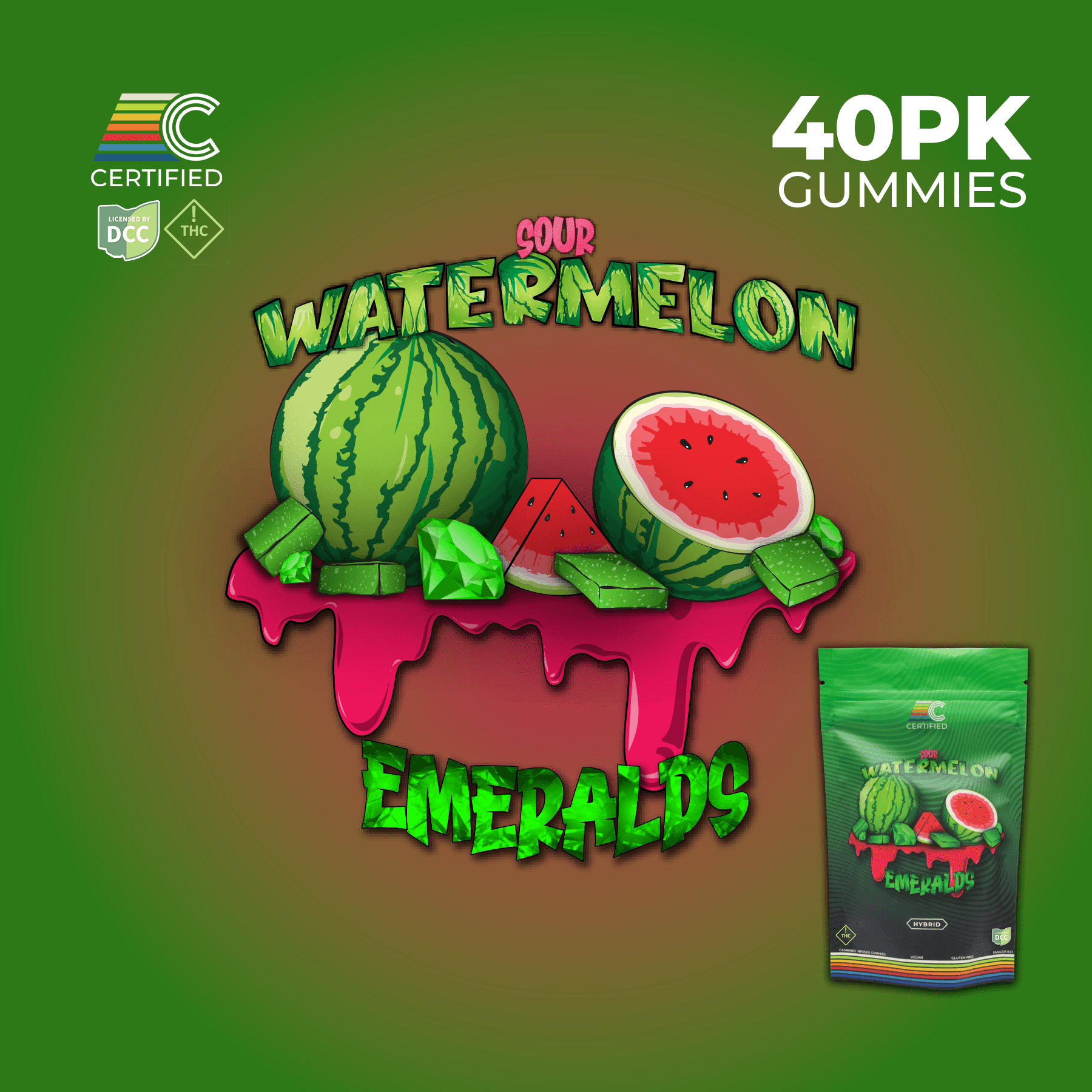 Certified - Sour Watermelon Emeralds - Gummies - 400mg (40pk) - Hybrid