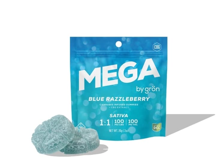 Grön | Gummy | Mega Pearl | Blue Razzleberry 1:1 CBG:THC | 100mg | 2 Pieces