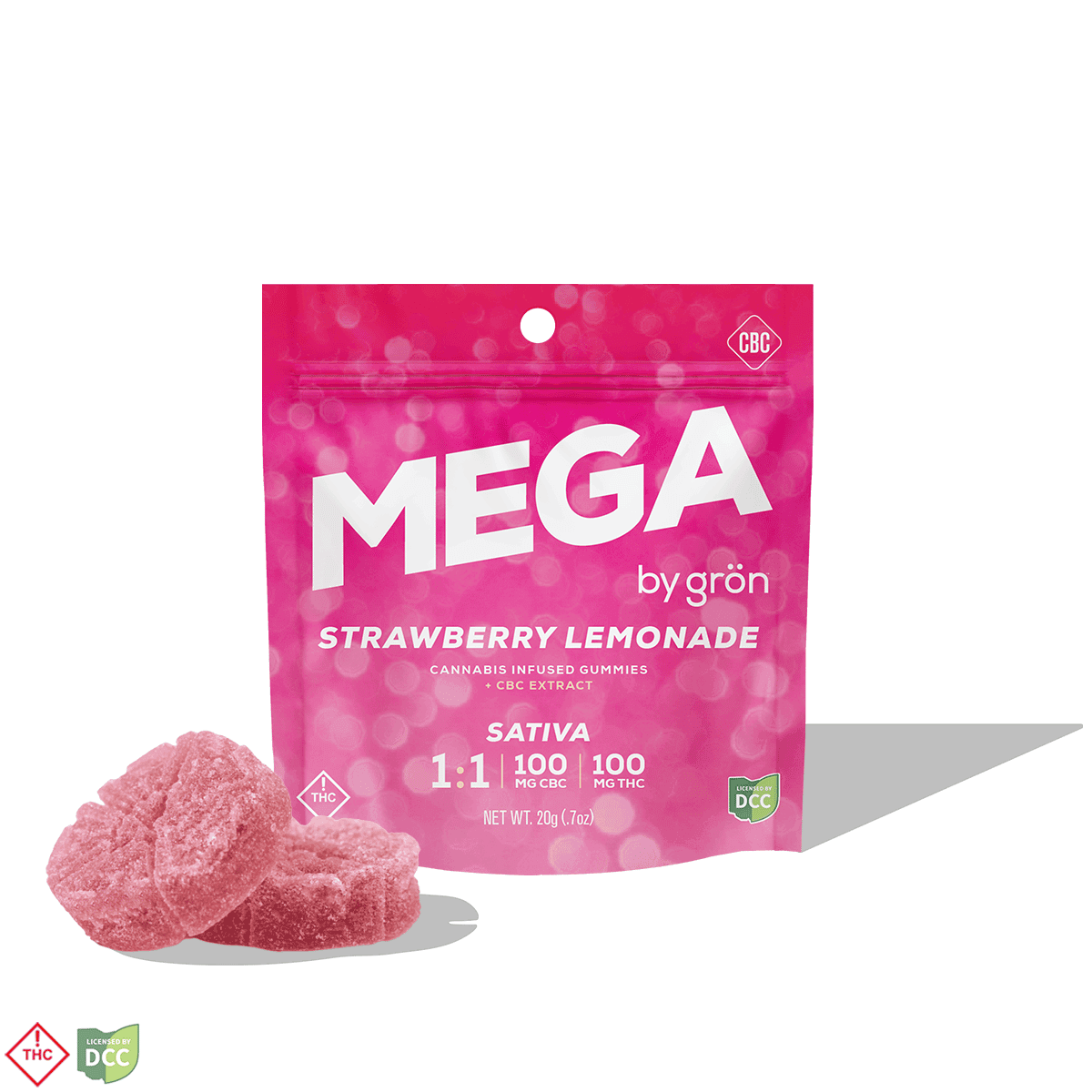 1:1 Strawberry Lemonade Mega Pearl [2pk, 10 Servings] (100mg THC/100mg CBC)